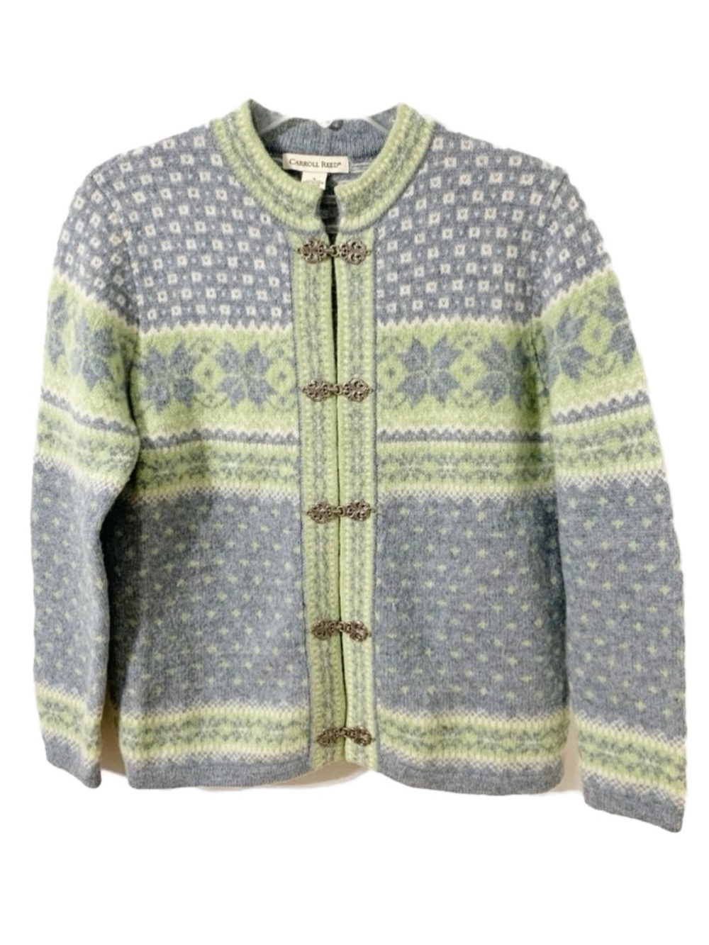 Vintage Carroll Reed Icelandic 100% Wool Cardigan Silver Toned Buckle Hardware